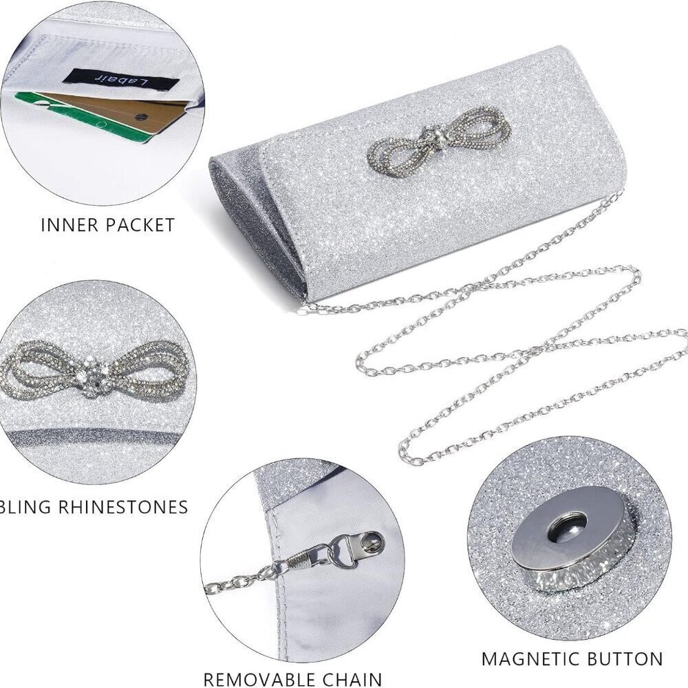 Women's Sparkly Bow Clutch Evening Bag Cocktail Purse for Formal Events - Picture 5 of 6